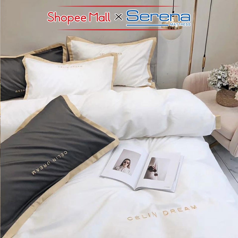 Bộ Chăn Ga Gối Đệm 5 Món Lụa Pháp SERENA Chính Hãng Set Chăn Ra Drap Grap Gối Nệm Đệm Trải Bọc Giường Đẹp Cao Cấp