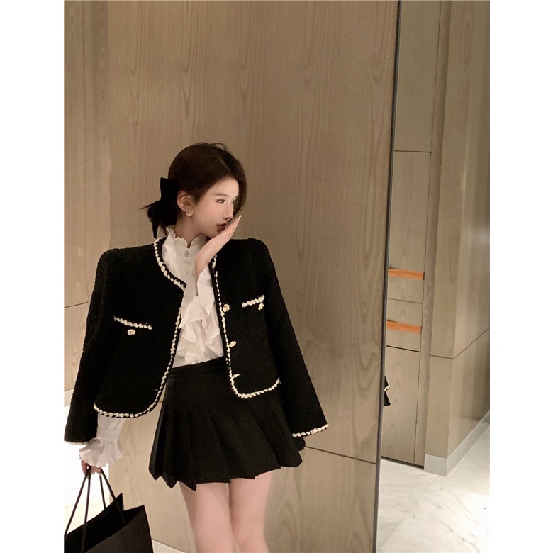 Áo khoác nữ dạ tweed màu đen sang chảnh