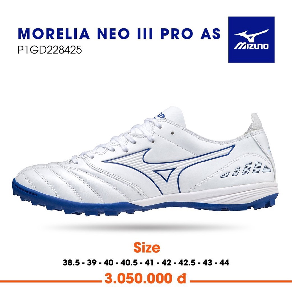 Giày Đá Banh Chính Hãng Mizuno Morelia Neo III Pro As Trắng Đế Xanh TF
