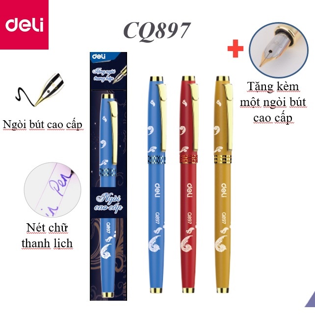 Bút máy luyện chữ đẹp học sinh nét thanh đậm ngòi mài cao cấp Deli Q897 viết êm - Tặng kèm 1 ngòi thay thế CQ897