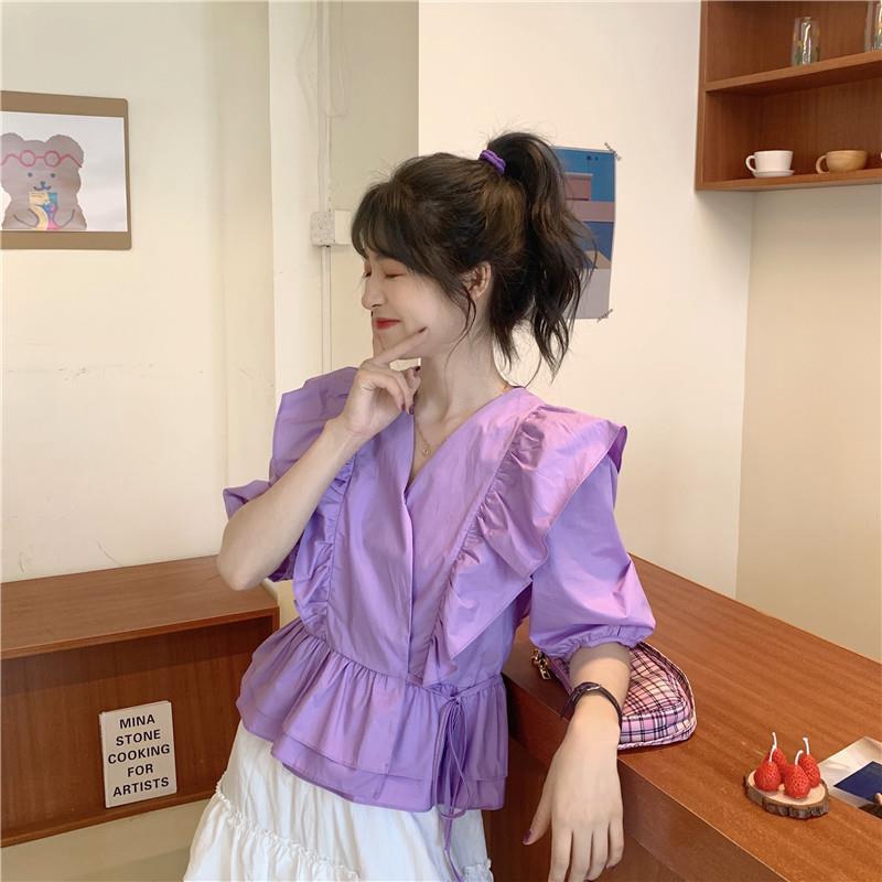 Áo kiểu tay ngắn cổ chữ v nhún bèo nữ tính hợp thời trang Hàn Quốc 2020 cho nữ
