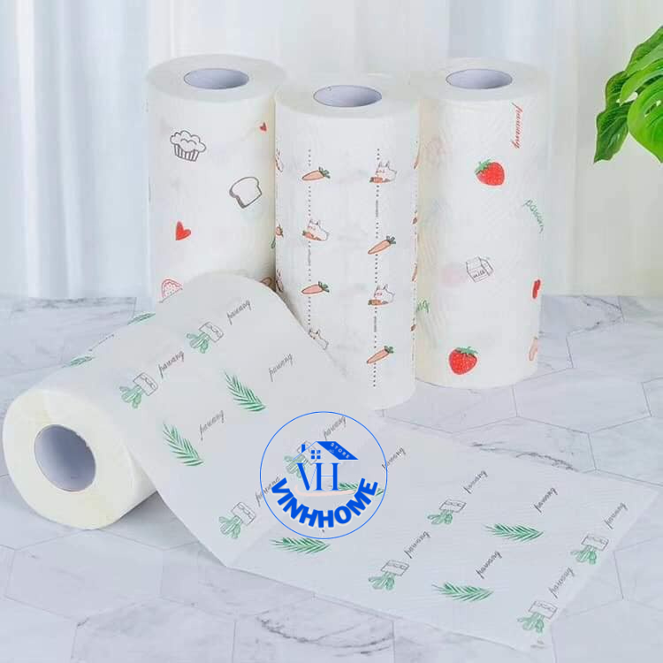 Cuộn khăn lau bếp họa tiết đa năng, thấm hút dầu mỡ, có thể tái sử dụng nhiều lần, tiết kiệm và tiện dụng