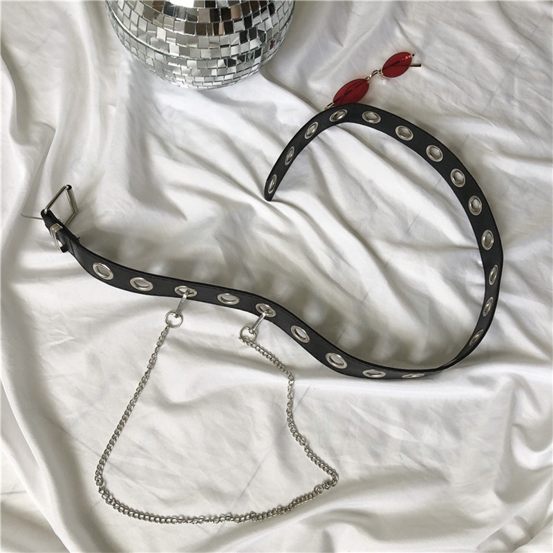 Thắt lưng da, Dây nịt nam nữ trẻ trung lỗ to màu đen trang trí dây chain