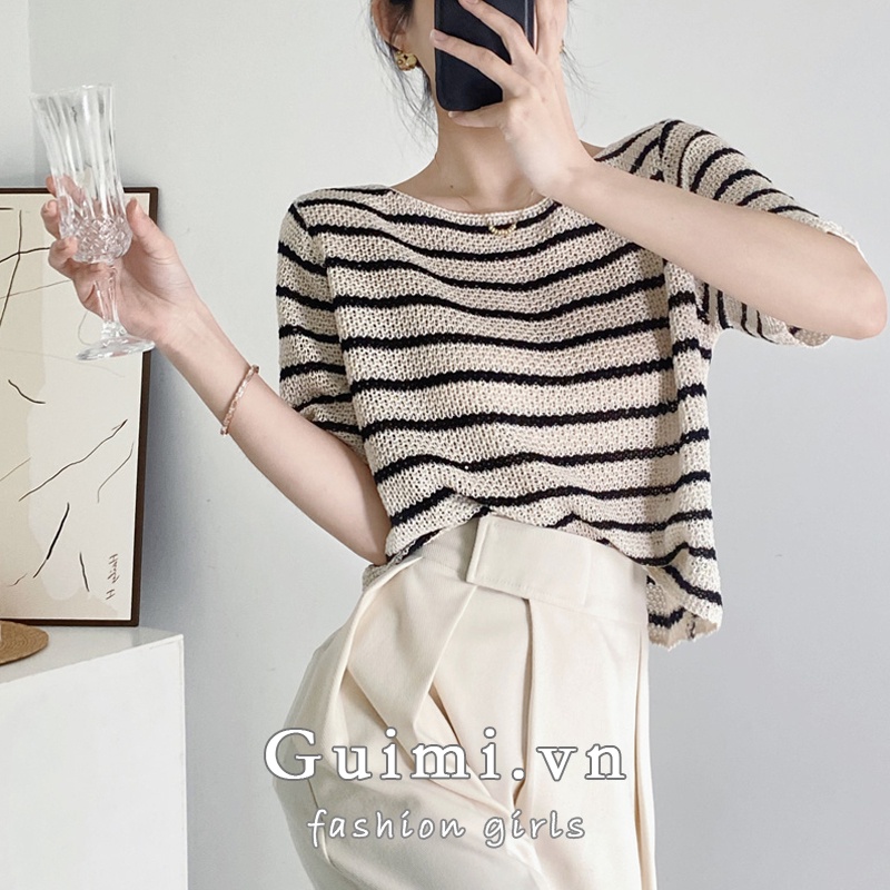 Áo thun NZN dệt tay ngắn cổ tròn họa tiết kẻ sọc màu sắc tương phản thời trang mùa hè cho nữ