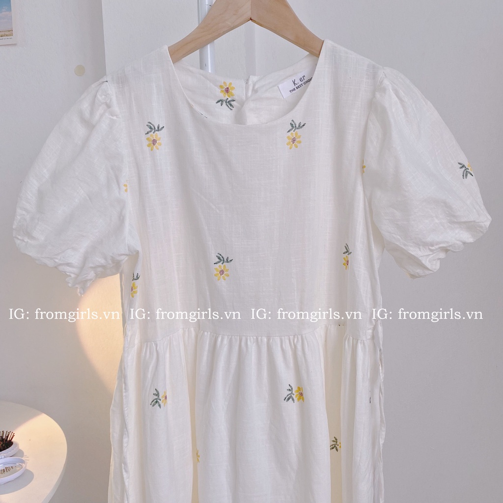 Váy trắng hoa xòe, đầm hoa tay phồng vintage  - V60