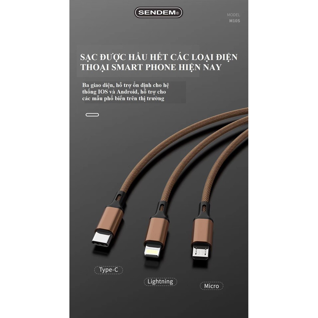 Cáp sạc 3 đầu M10s chính hãng SENDEM - Dây sạc 3 chân iPhone, Micro, Type C siêu bền - Bảo hành 12 tháng