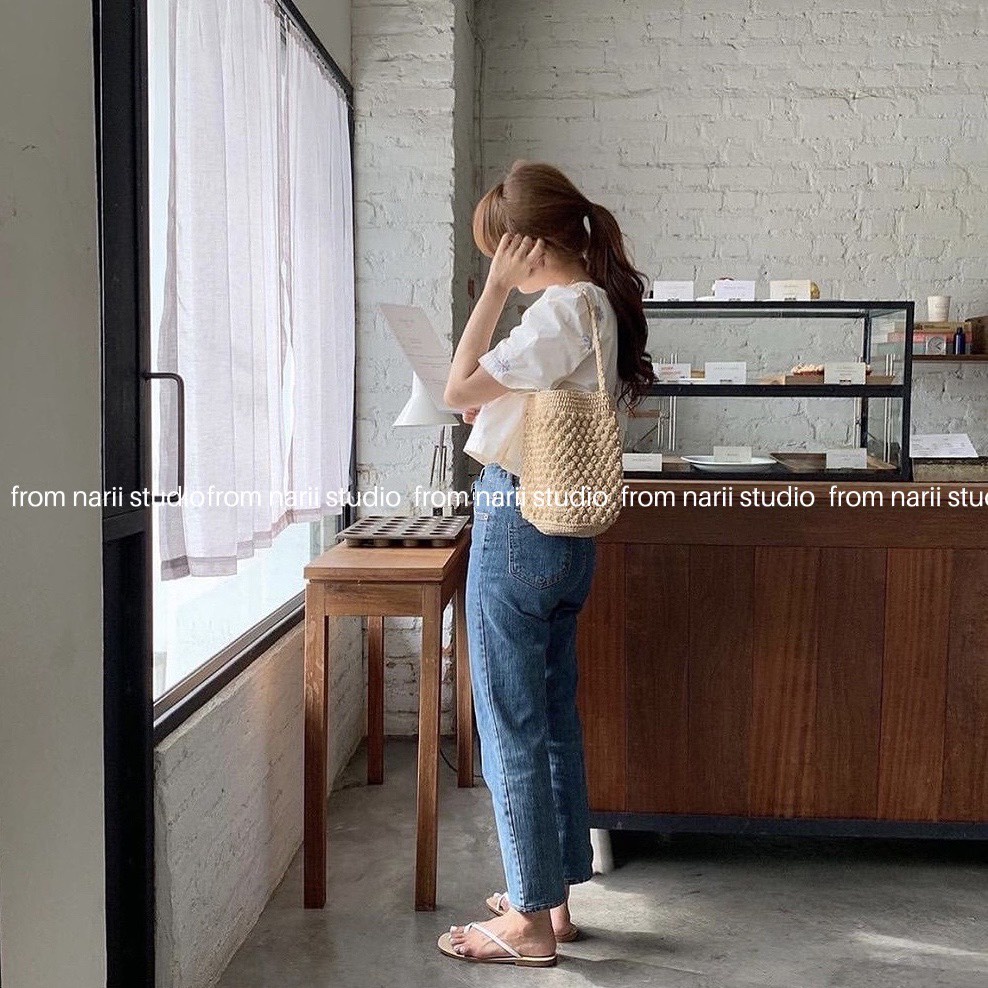 Túi cói đi biển vintage NARII túi cói du lịch nữ Hàn Quốc hình trụ nâu