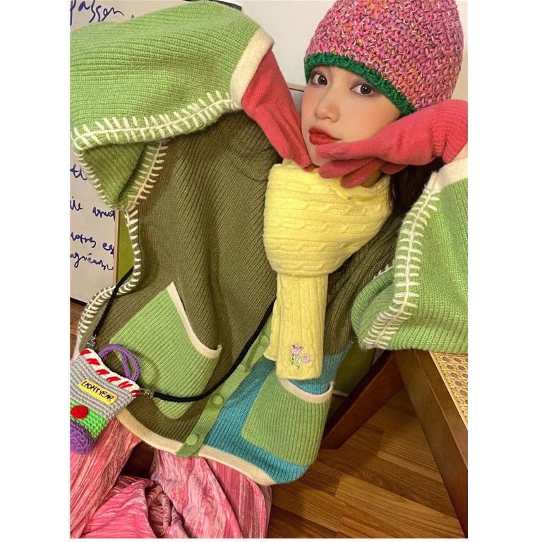Áo Khoác Cardigan Dáng Rộng Màu Sắc Tương Phản Phong Cách Hàn Quốc