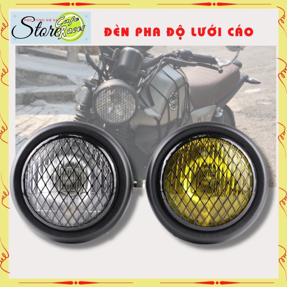 Đèn pha xe máy độ 6,5 icnh cho dòng xe classic gáo sắt sơn đen mặt kính thủy tinh sẵn lưới mắt cáo