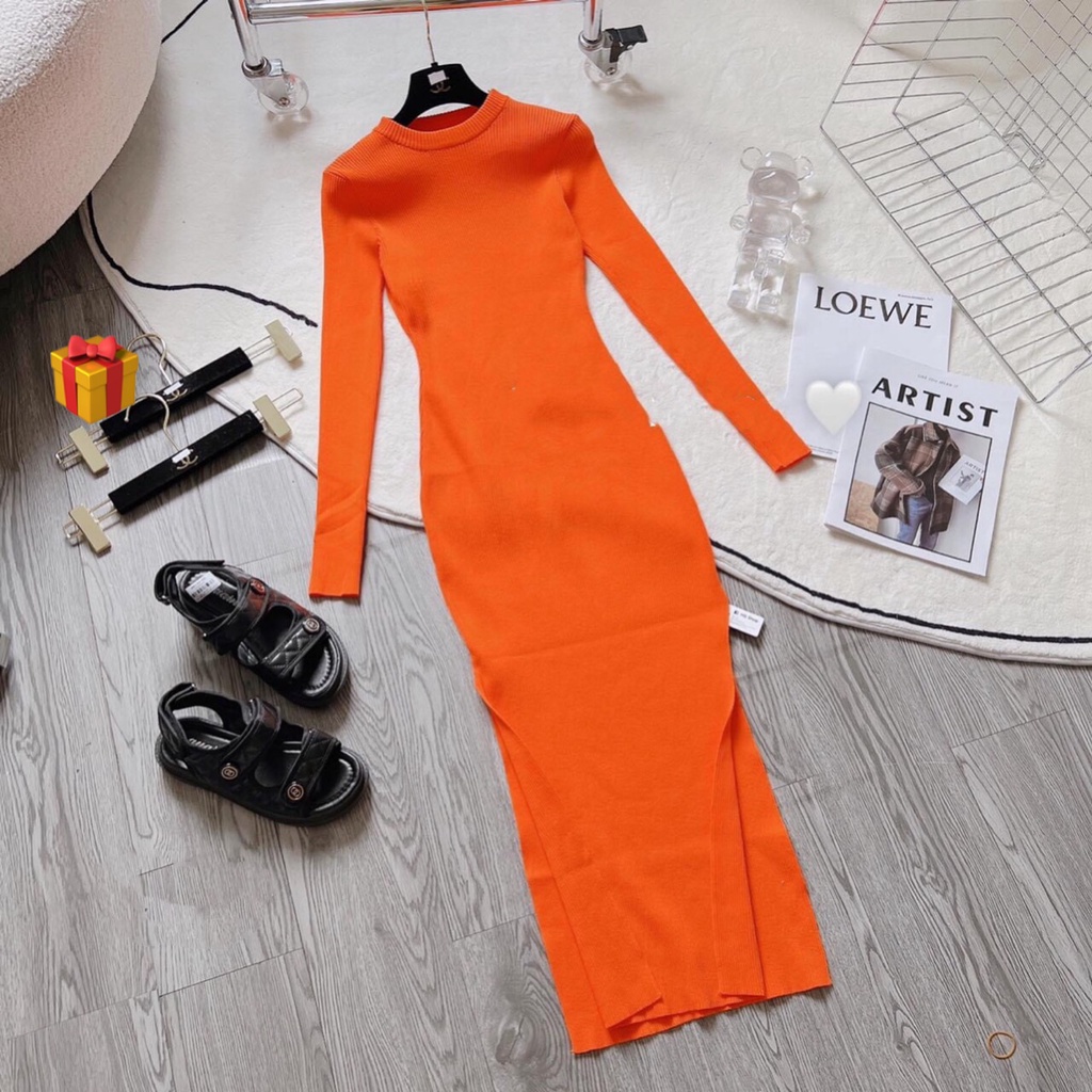 Đầm nữ tay dài trơn chất thun kiểu xẽ tà cổ tròn hot
