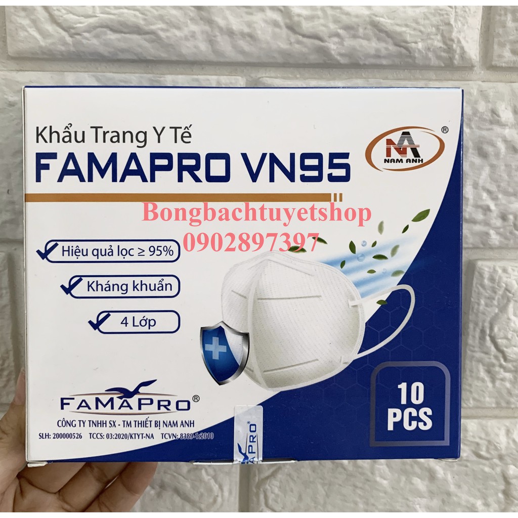 Khẩu trang y tế Nam Anh VN95 thiết kế 3D 10 cái/ hộp - Khẩu trang Famapro VN95 kháng khuẩn màu trắng