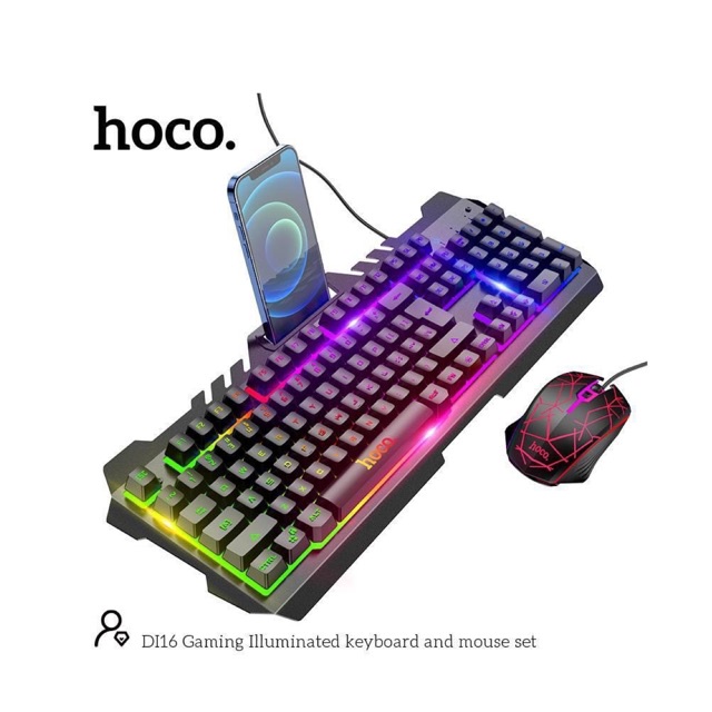 Combo bàn phím và chuột có dây Hoco Gaming DI16 có LED tự điều chỉnh đổi màu, phím cơ, chuột DPI 1600, khay điện thoại