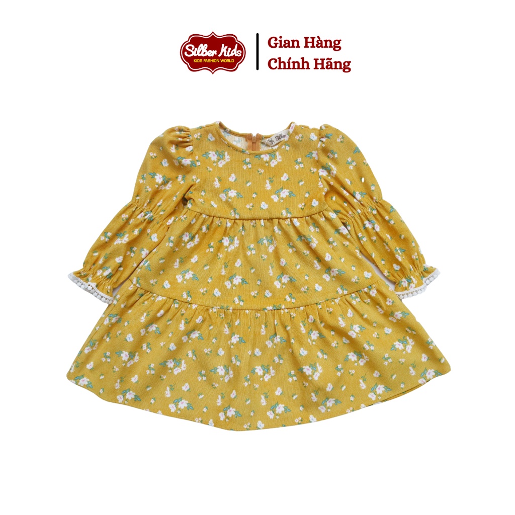 Váy Nhung Hoa Bé Gái 2-10 Tuổi Bồng Vai, Phối Ren Tay SILBER KIDS