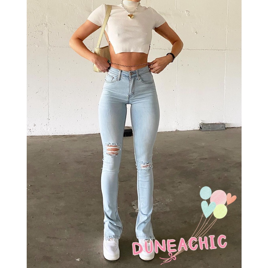 Quần jean DUNEA ôm dáng thiết kế rách gối cá tính thời trang dành cho nữ
