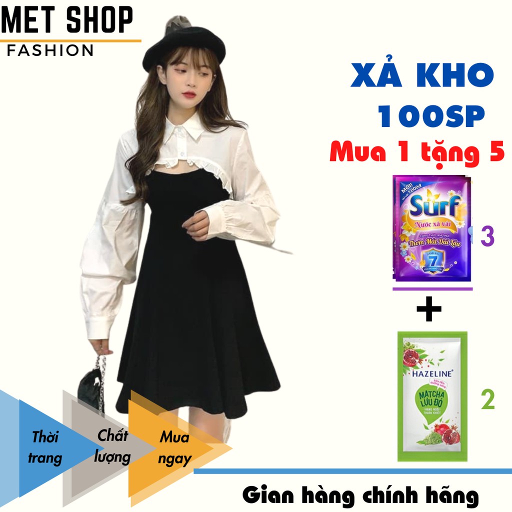 (MUA 1 TẶNG 5)Sét áo croptop sơ mi bèo trắng dài tay mix váy 2 dây xòe thời trang Ulzzang.Váy 2 dây Vintage với áo khoác