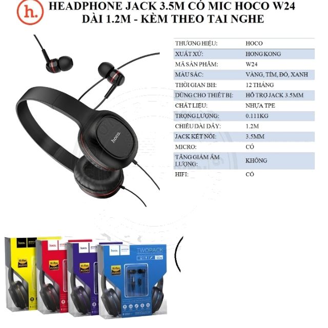 Headphone hoco w24 tặng kèm tai nghe jack 3.5
