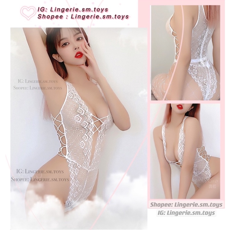 Bodysuit Ren Trắng Đan Dây • Cổ V Khoét Sâu Gợi Cảm • Ren Cao Cấp Mềm Mại • QR733