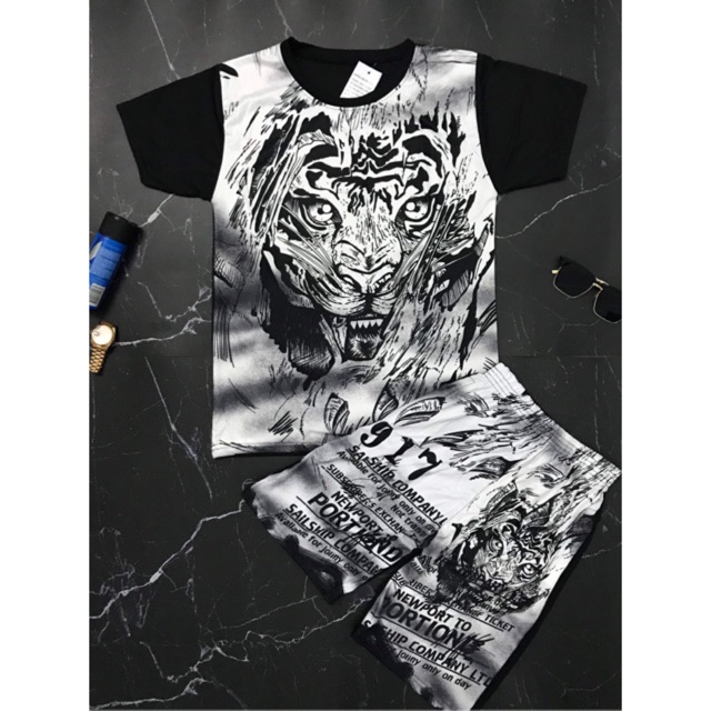 Bộ hè nam_áo thun nam thời trang in hổ trắng