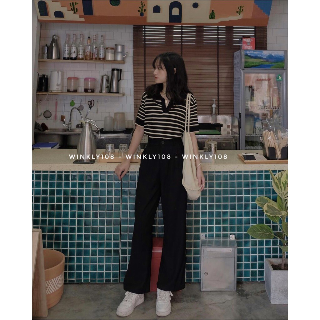 [Ảnh thật ] Áo len mỏng kẻ ngang cộc tay ulzzang