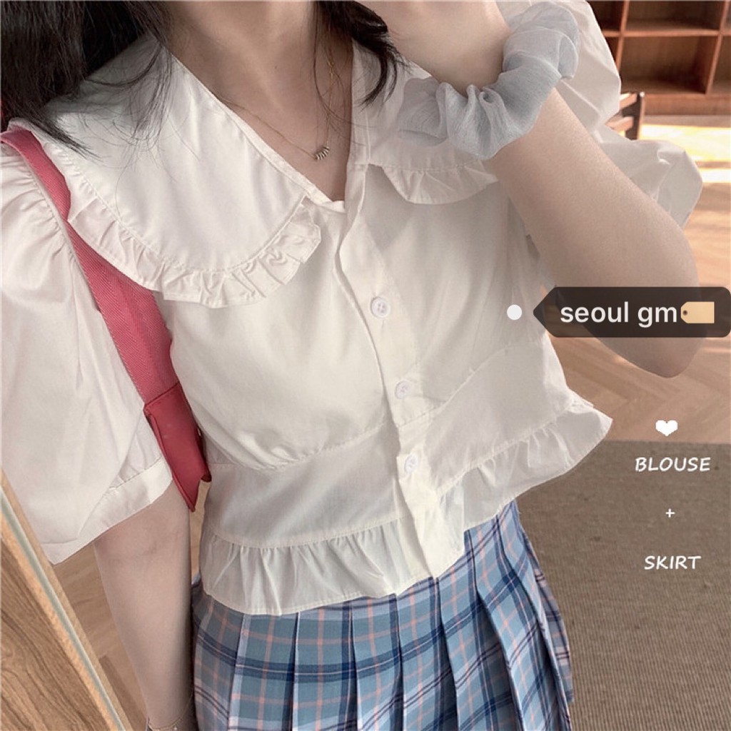 (HÀNG SẴN) Set áo sơ mi nữ cổ bẻ tay phồng búp bê điệu đà+ Chân váy xếp ly xòe ngắn style nữ sinh Hàn Quốc