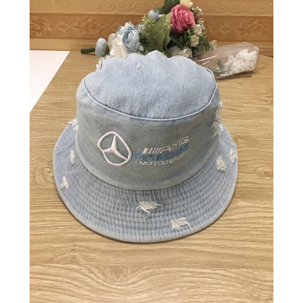 Nón Bucket 2 mặt thêu logo tem xe Mec vải Jeans