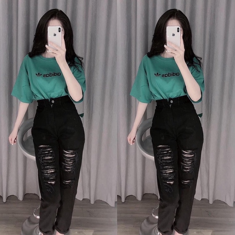 [Bigsize 54-88kg] Quần Baggy Boyfriend, Đen Rách 3115/ Xám Ombre Rách 3116, Lưng Cao, Không Giãn, Dài 97cm