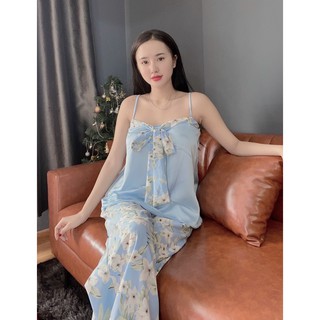Set hai dây,đồ bộ hai dây cột nơ trước lụa hoa cao cấp siêu sang