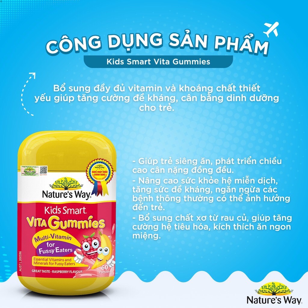 Kẹo Dẻo Kích Thích Ăn Ngon Cho Bé Nature's Way Kids Smart Vita Gummies Multi Vitamin for Fussy Eaters 60 Viên