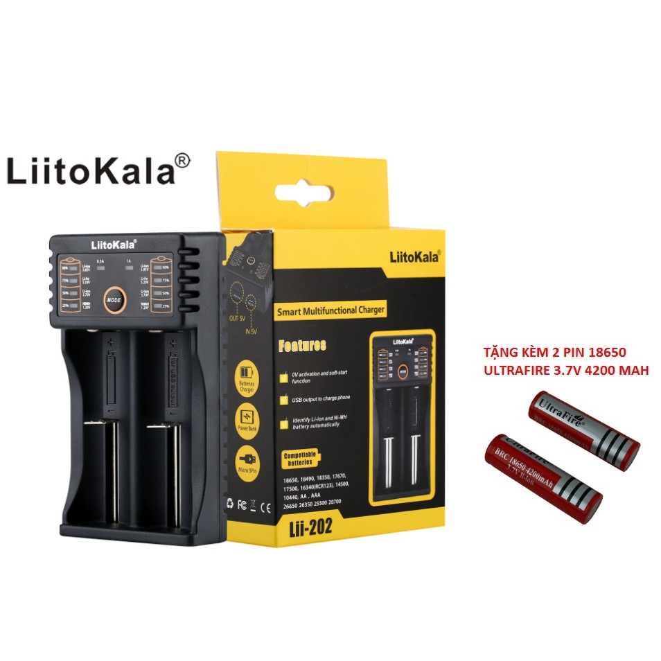 Sạc Đa Năng Siêu Nhanh LiitiKala Cho Pin AA, AAA, 18650, 14500, 18350,26550... Kèm 2 pin Ultrafire 3.7V 18650 4200 mAh