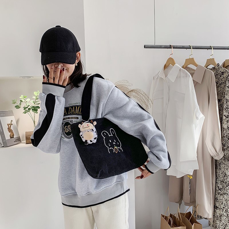 Túi tote vải nhung tăm đeo vai Hàn Quốc cao cấp có khoá miệng, Túi vải tote đi học in họa tiết Gấu xinh
