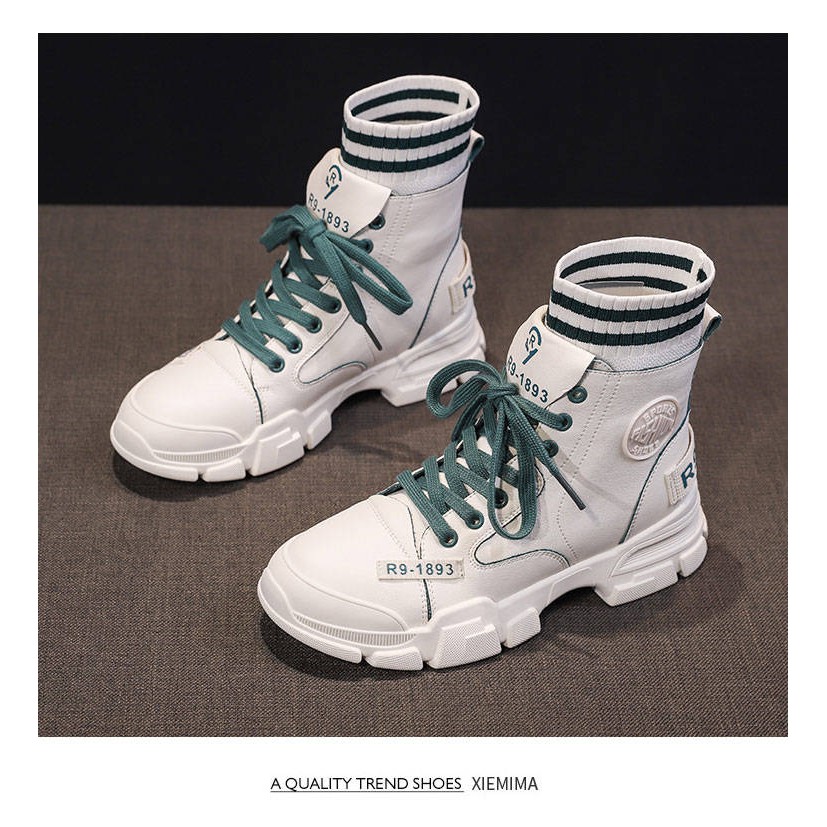 Giày bốt nữ cổ chun sọc đen trắng da mềm độn phong cách Anh quốc cổ cao đế cao 5cm | BigBuy360 - bigbuy360.vn