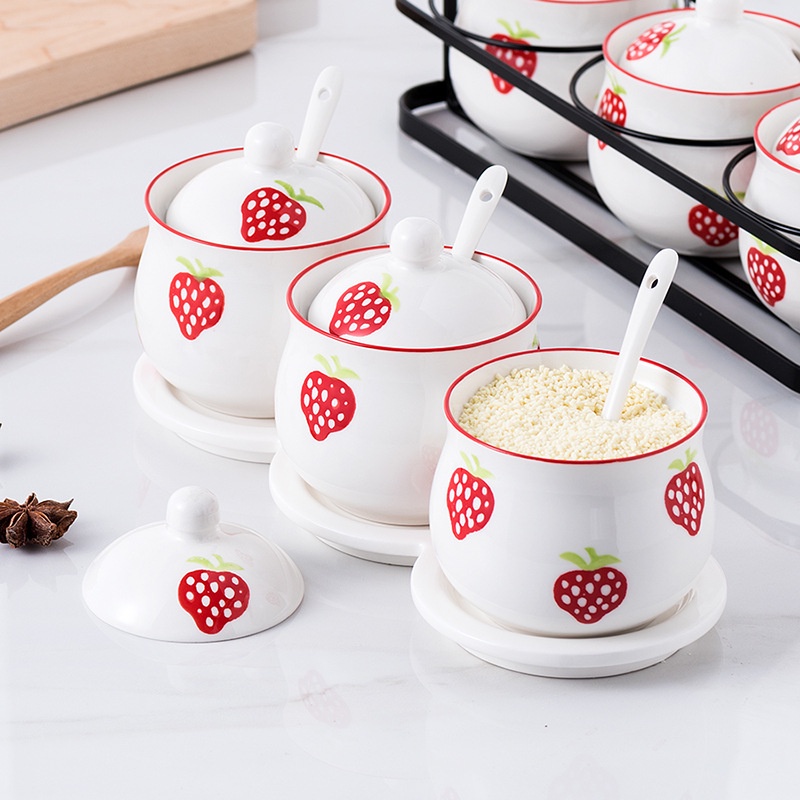Hũ đựng gia vị, bộ 3 lọ đựng gia vị bằng sứ kèm khay đựng họa tiết dâu tây đáng yêu