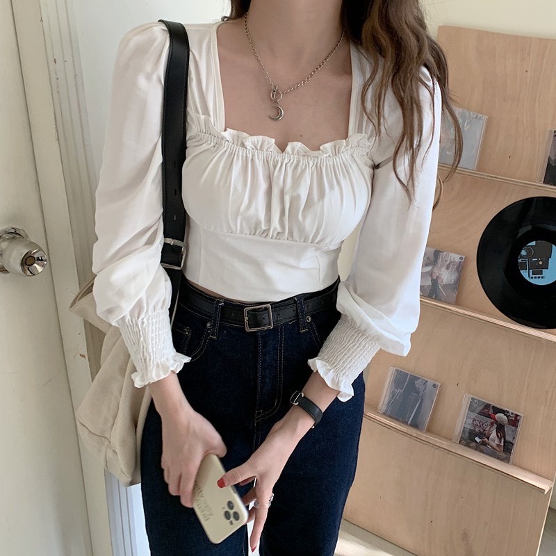 [Mã FAMARAL1 giảm 10K đơn 50K] Áo Croptop Cổ Vuông Tay Dài Nhún Ngực Viền Bèo Nơ Sau Cổ A5275