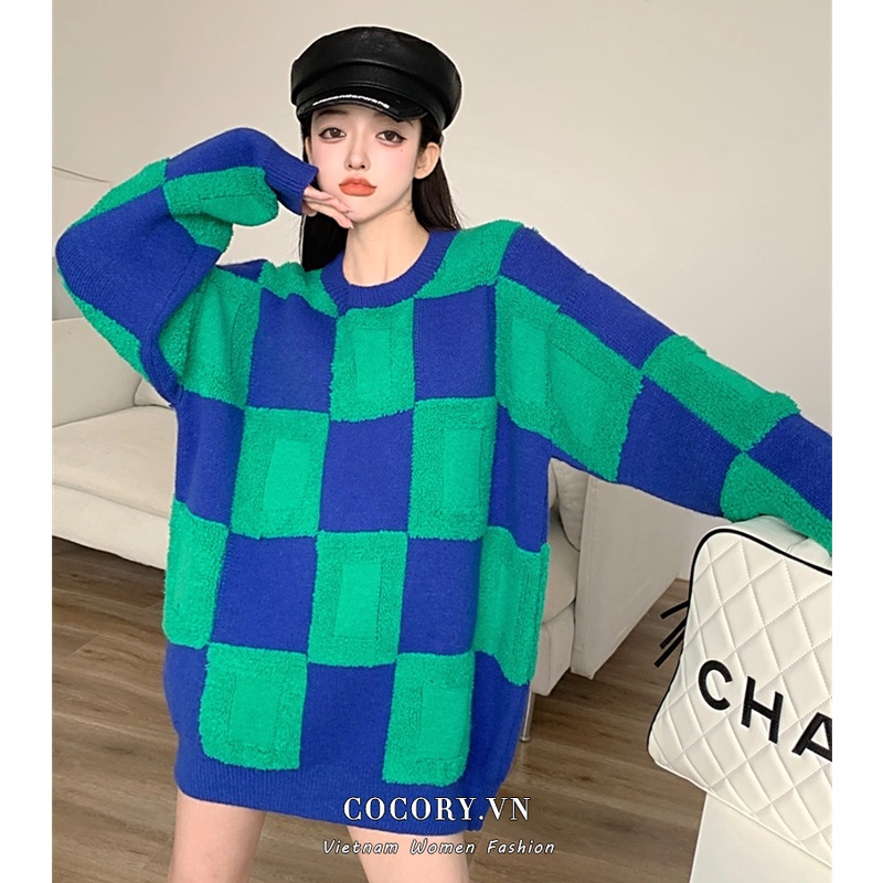 Cocory vn Áo len tay dài phối sọc caro thời trang Hàn Quốc năng động dành cho nữ | BigBuy360 - bigbuy360.vn