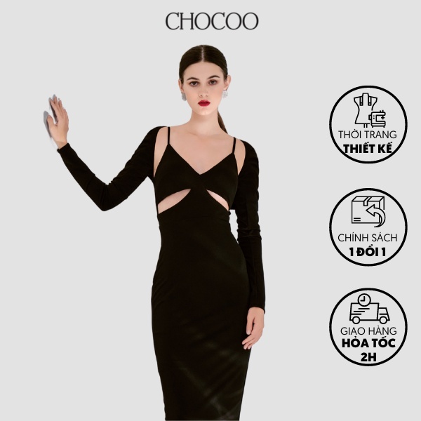 Đầm body dài tay CHOCOO Lillia Bodycon Dress thiết kế vải thun sọc Hàn Quốc cao cấp hở lưng màu đen