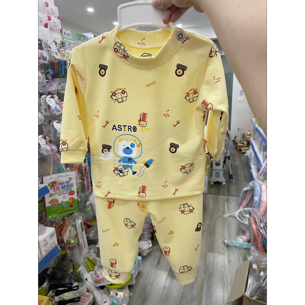 Bộ dài unchi cài vai cotton nỉ họa tiết cho bé