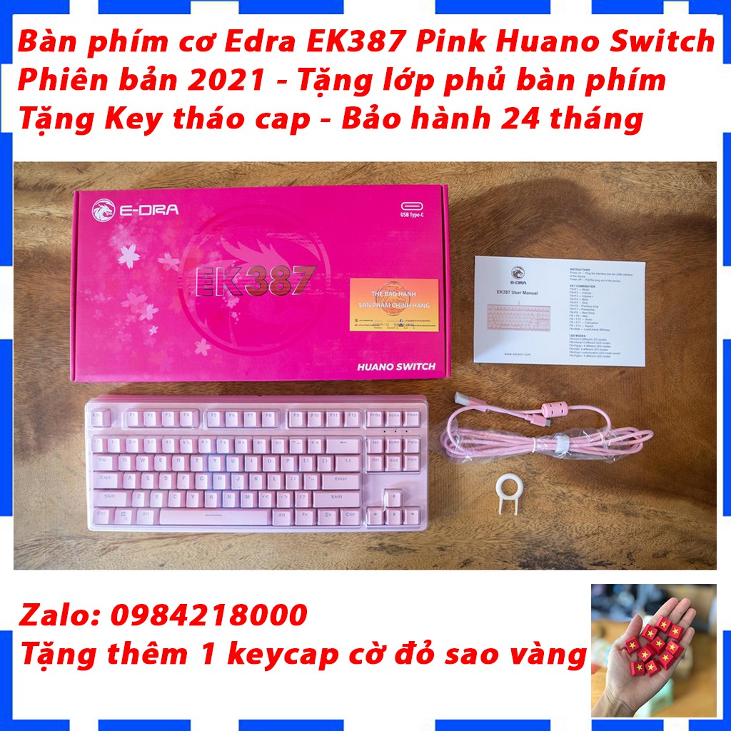 Bàn phím cơ EDRA EK387 Pink Huano switch version 2021 - Phiên bản màu hồng cực kute - Cam kết chính hãng - BH 2 năm