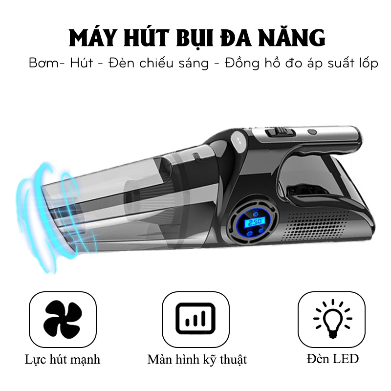 Máy hút bụi mini cầm tay đa năng, máy bơm lốp xe ô tô công suất 120W, Bơm/Hút/Đèn chiếu sáng/Đồng hồ đo áp suất - K1342