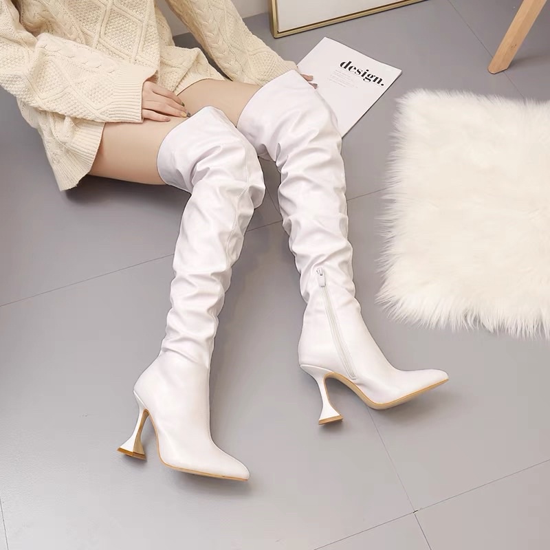 Bốt da đùi ống nhăn đế 10 cm hot trend 2021 [Hàng order]