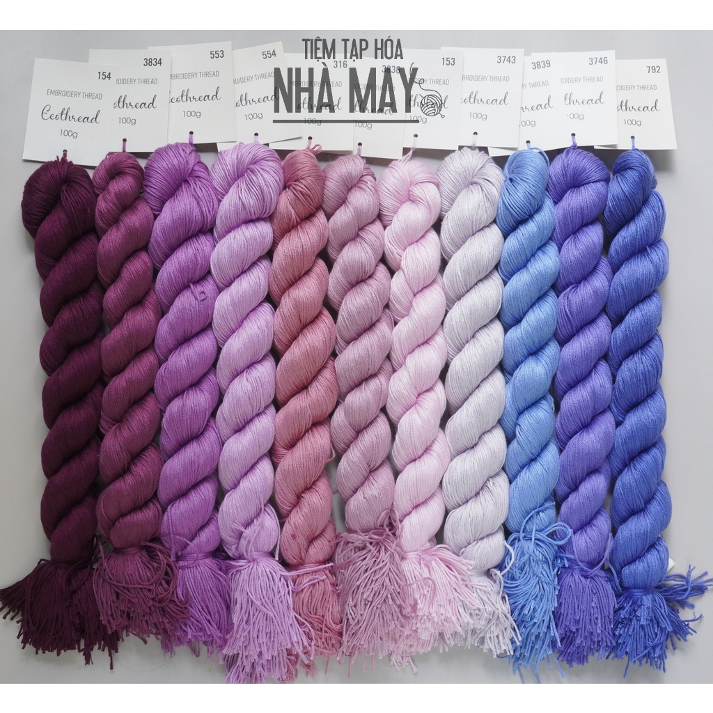 [Bảng 1/6] Chỉ thêu Eco-thread Tiệm tạp hóa nhà May nhuộm sinh học (giá 1 bó 100g) bảng màu tím - xanh tím