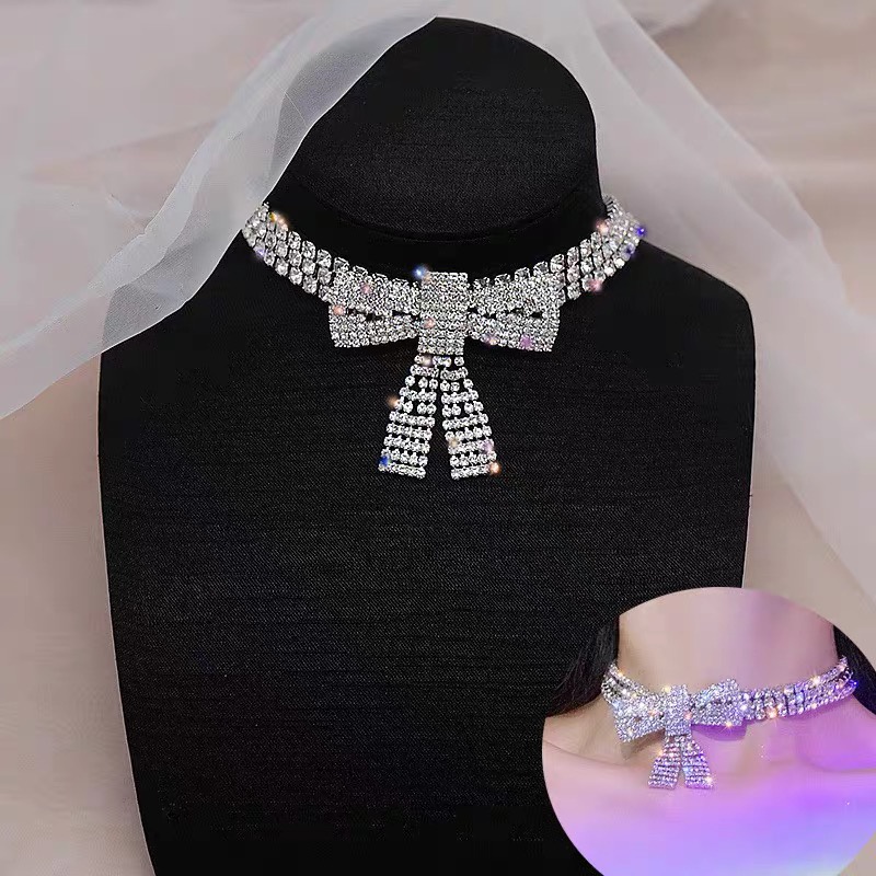 [Siêu Đẹp] Dây Chuyền Vòng Cổ Choker Đá Hình Nơ 3 Hàng Dây Đá Sang Chảnh Dự Tiệc Mainia Shop