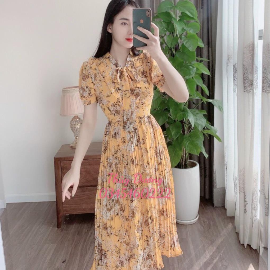 (FREESHIP) Váy đầm hoa thiết kế VINTAGE dáng xòe cổ nơ ngắn tay chân váy xếp ly dài qua gối M01 😘