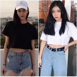 Áo thun nữ crotop cổ tròn trơn dễ thương, vải dày mịn mát