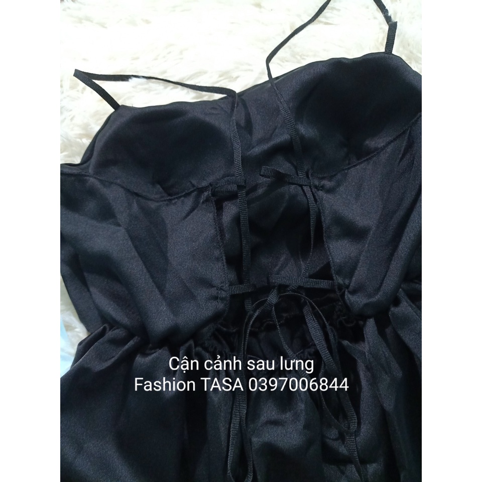 TBO-Video ảnh thật, set đùi áo 2 dây xòe đan dây lưng  kèm quần đùi siêu xinh màu đen lụa satin cao cấp