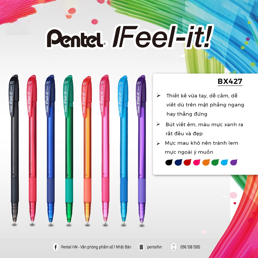 Bút Bi Có Nắp Đậy Nhật Bản Pentel BX427 | Trơn Mượt Không Đọng Mực | Ngòi 0.7mm (Xanh, Đỏ, Đen)