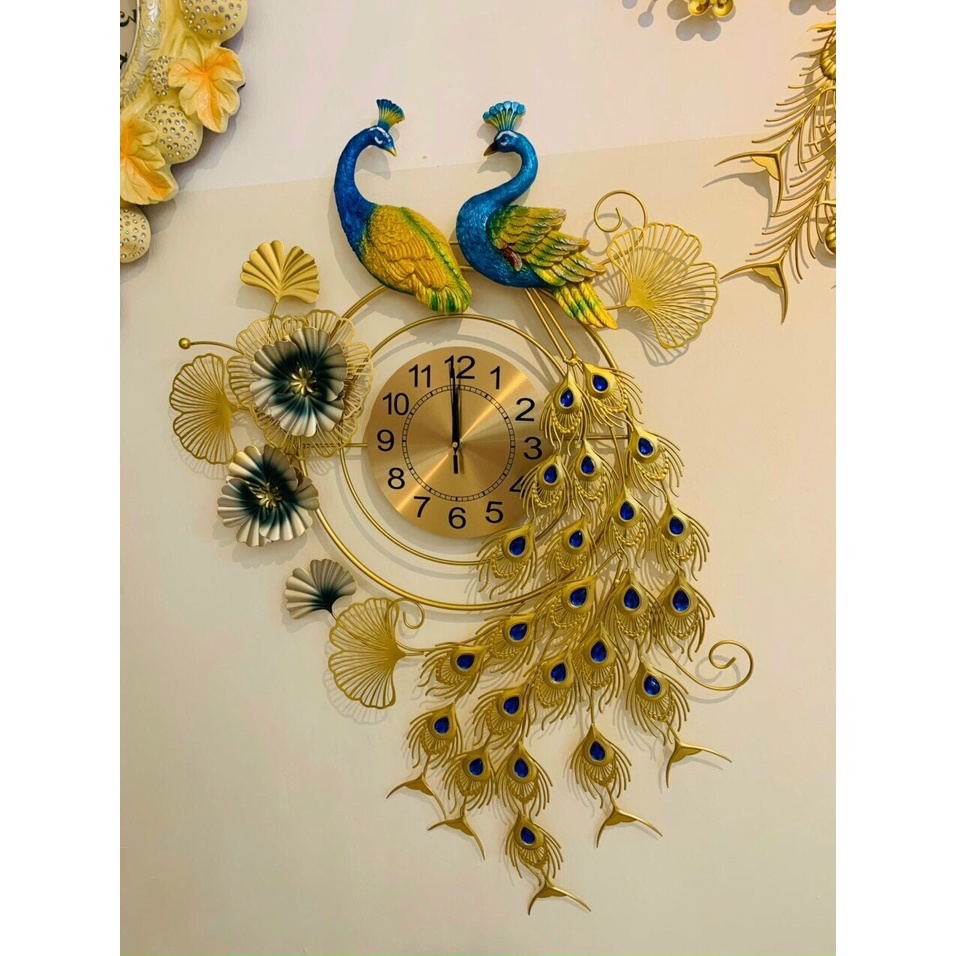 Đồng Hồ Treo Tường Trang Trí Nhà Cửa Họa Tiết Chim Công -Phu Thê Viên Mãn-mã 2921-Decor tường-KT 115X68CM