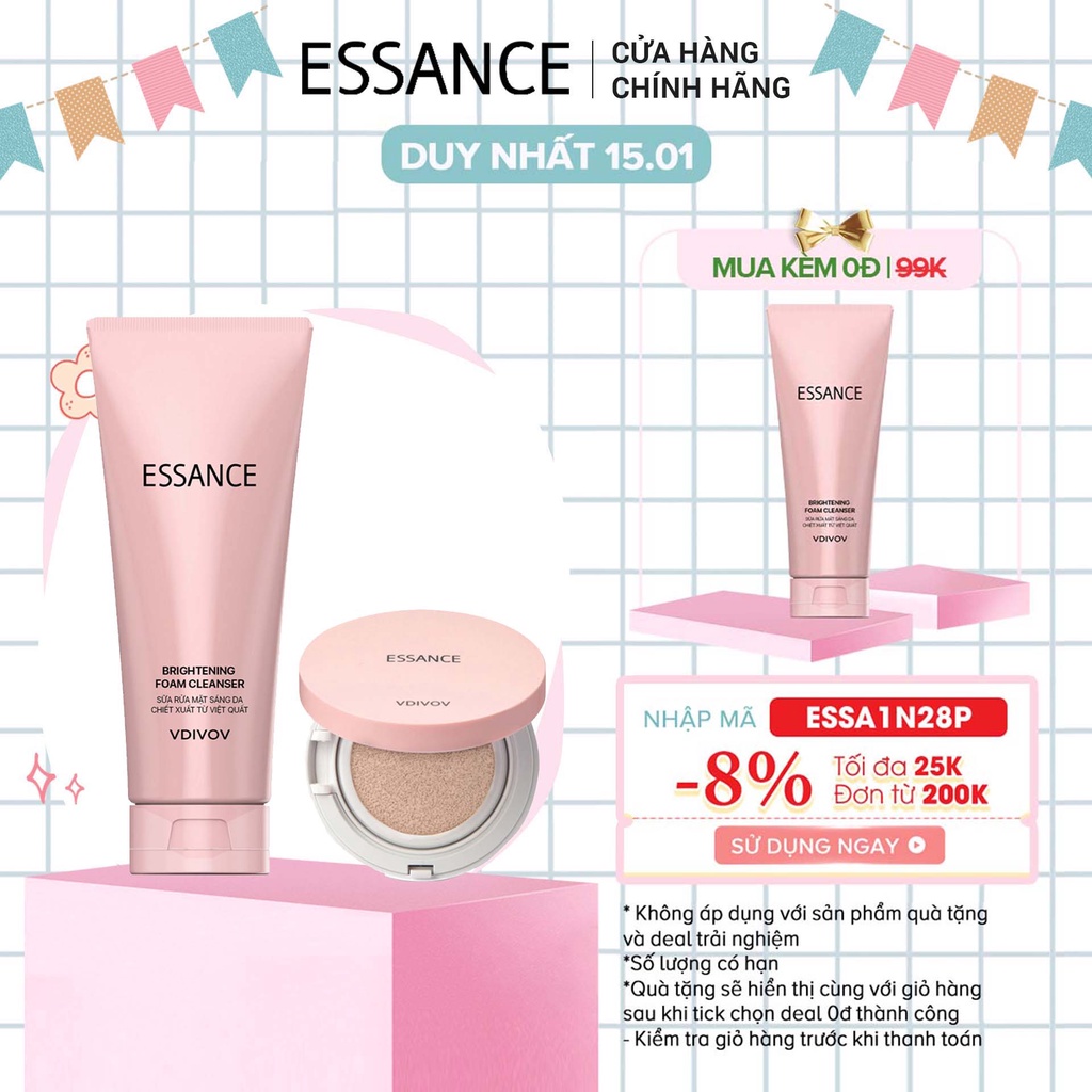 Combo Sữa rửa mặt Essance Britening Foam Cleanser và Phấn nước mịn lì mờ khuyết điểm Veil Fit Cushion SPF50+ PA+++