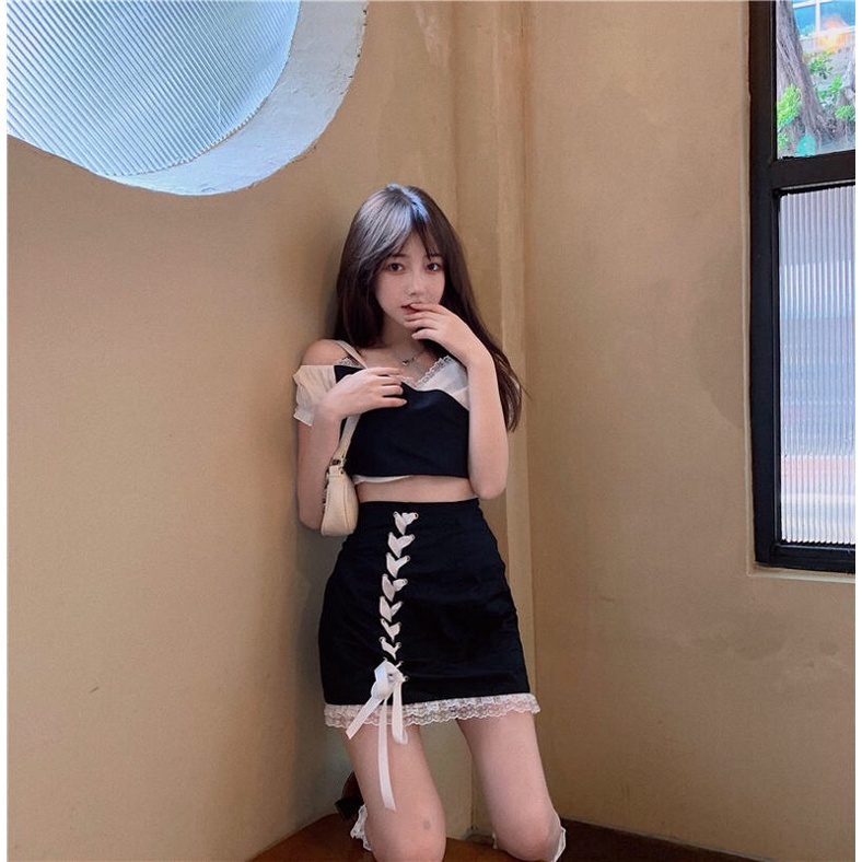 YAS0807-Set váy hai dây trễ vai buộc dây sexy + váy zip đan dây