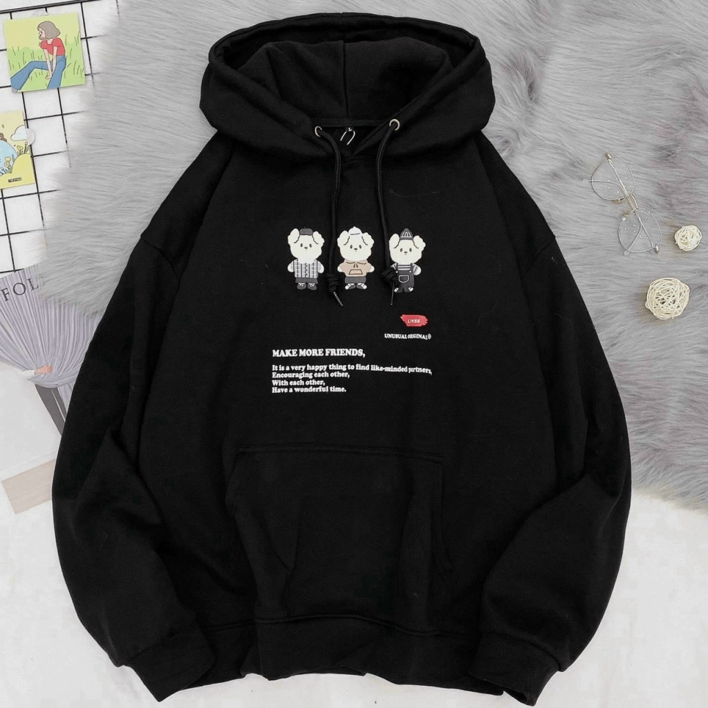 Áo Khoác Hoodie Sweater Tay Bồng Nỉ Ngoại Cực Hot Tp Có Túi Trước 3 Con Gấu Siêu Xinh HHP