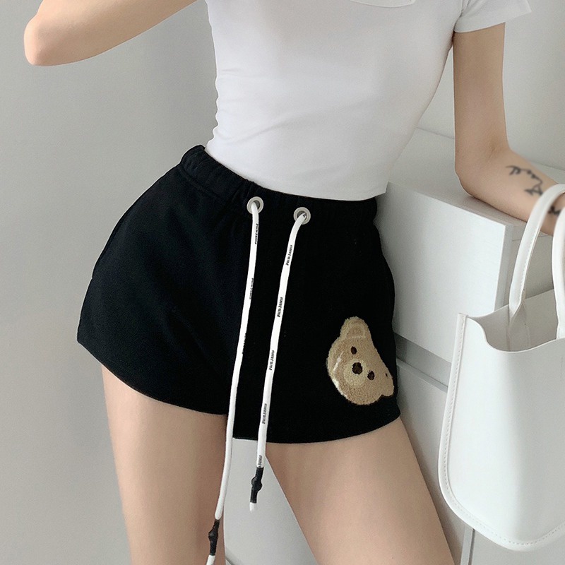 Quần Short Thể Thao Lưng Cao Dây Rút In Họa Tiết Gấu Hoạt Hình Dễ Thương Phong Cách Hàn Quốc Cho Nữ